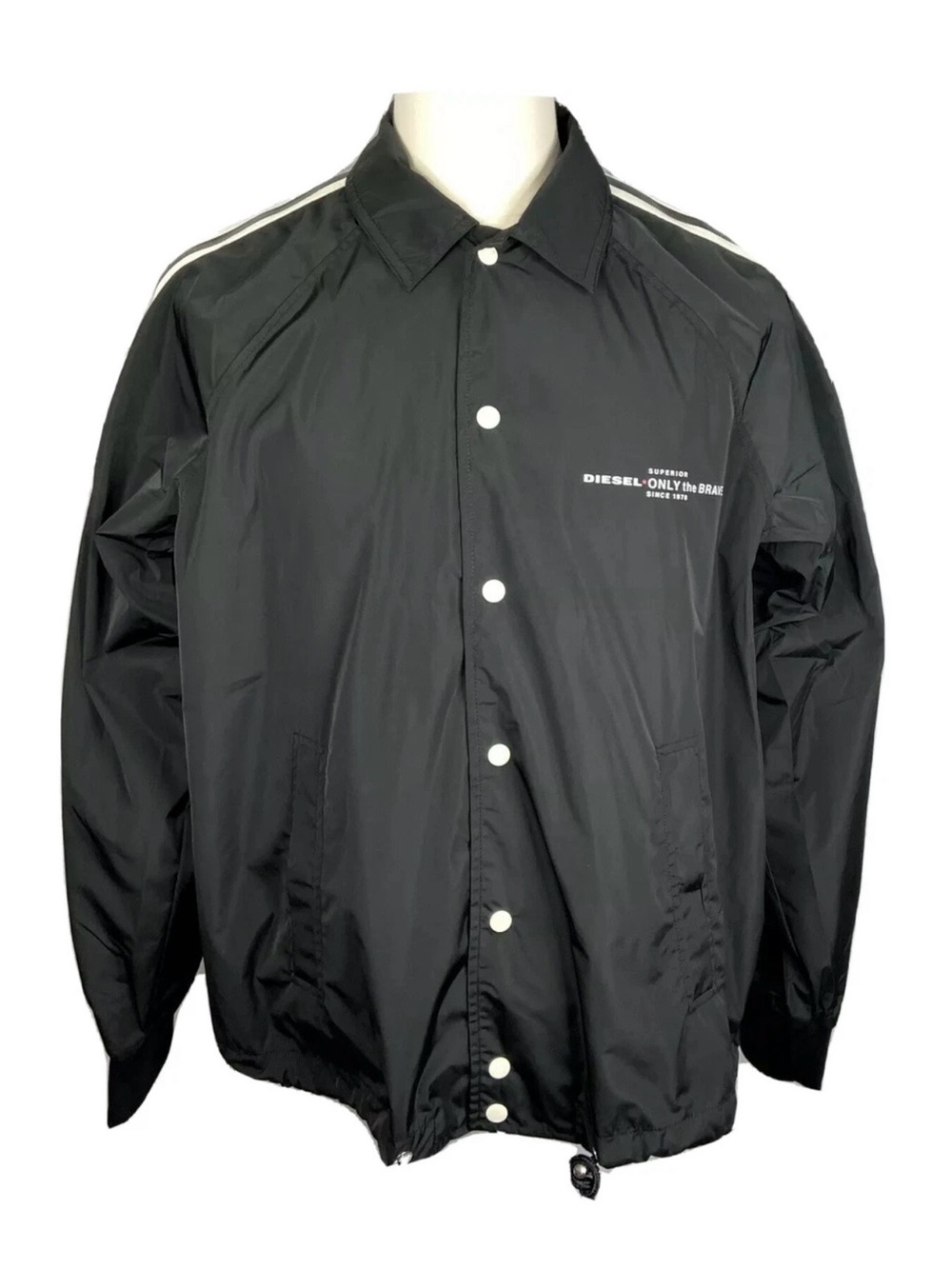 Diesel Black Windbreaker with White Snap Buttons and Shoulder Stripes